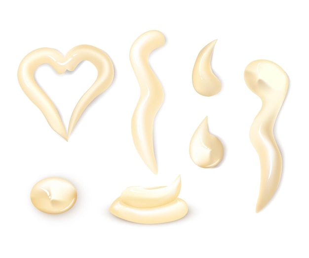 Mayonnaise sauce in different dips swirls and drips set Tasty creamy dressing of mayo portions of various shapes of gourmet seasoning isolated on white background
