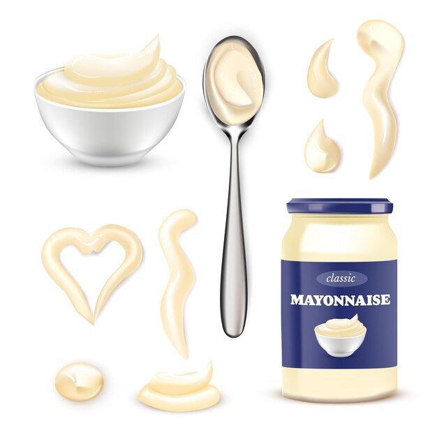 Mayonnaise sauce set Bowl bottle spoon with mayo illustration Jug with blue packaging creamy dips and drips of different shape