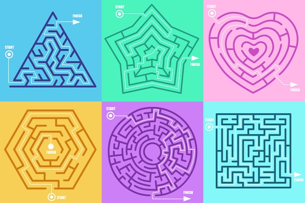 無料ベクター さまざまな図のイラストセットの形で迷路ゲーム。円、ハート、正方形、星、六角形、正しくマークされた入口と出口でパズルを解きました。迷宮、なぞなぞ、精神活動の概念