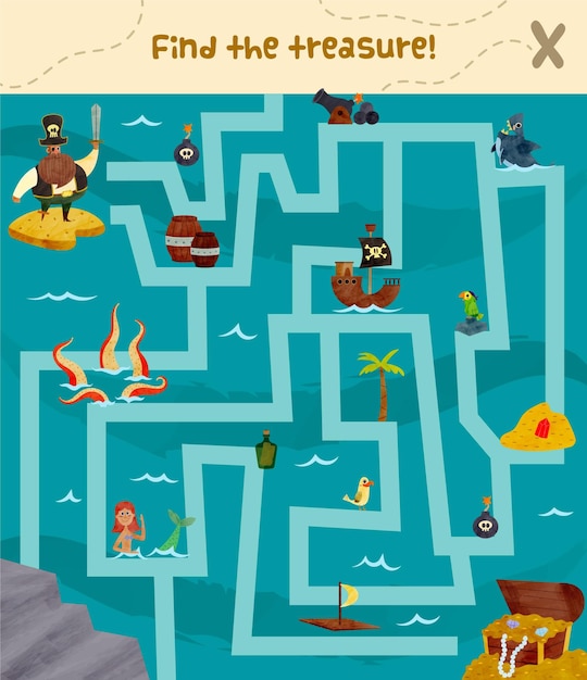 Free vector maze illustration for kids with pirates and treasure
