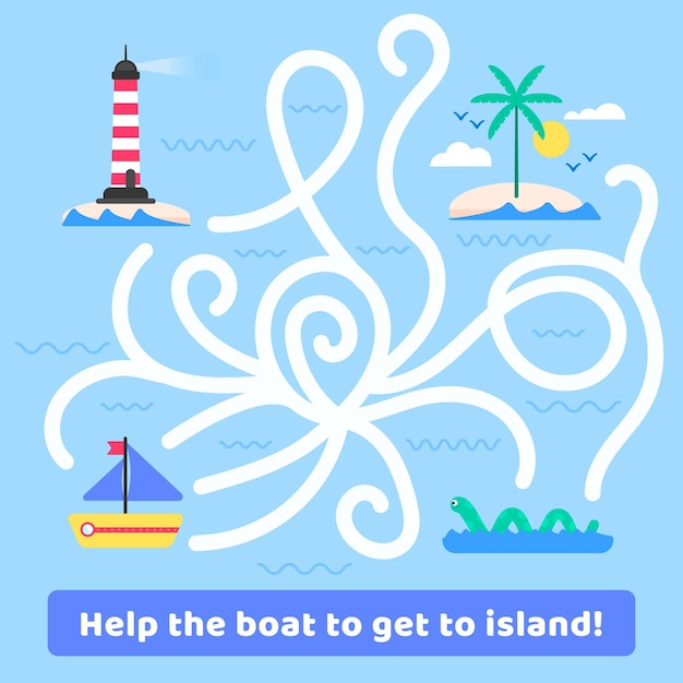 Free vector maze for kids with boat and island