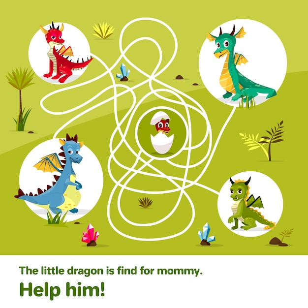 Бесплатное векторное изображение Лабиринт детской игры. мультяшные драконы, помогите найти путь к яйцу