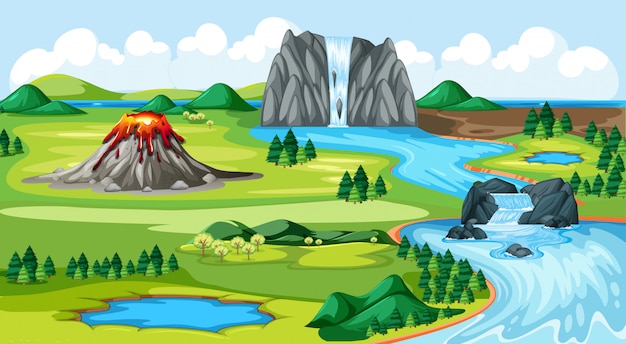 Free vector meadow park and volcano with water fall river side landscape scene