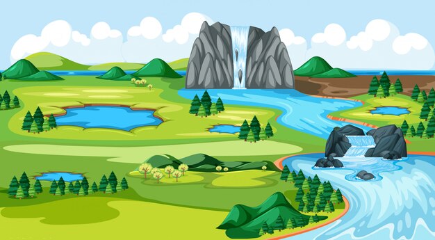 meadow park with water fall river side landscape scene
