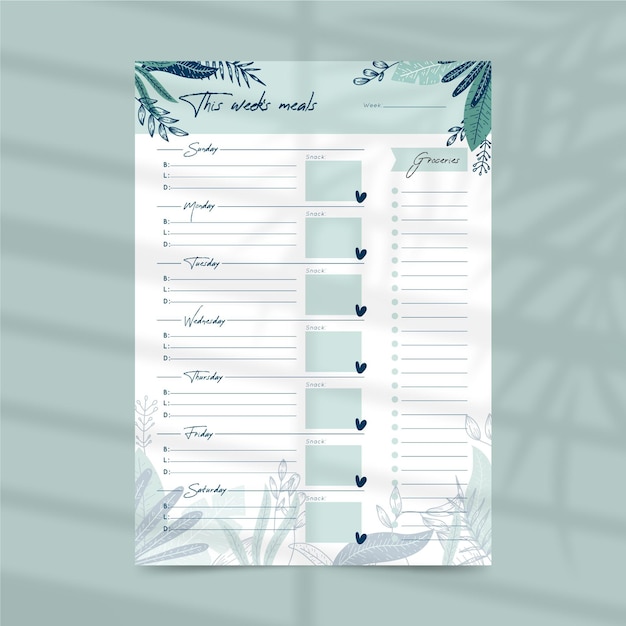 Meal planner template with leaves