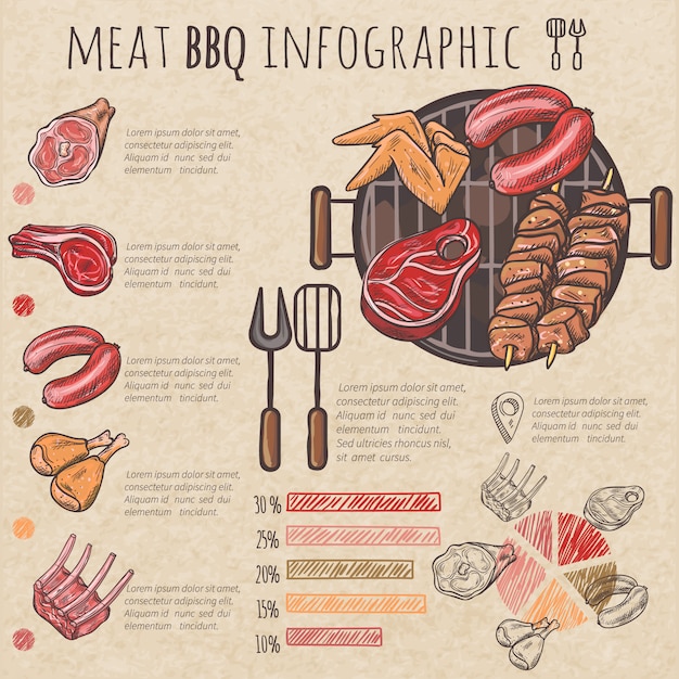 Meat bbq sketch infographic with skewers pork ribs chicken wings steaks and tools for barbecue vecto