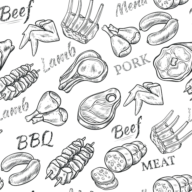 Free Vector meat black white sketch seamless pattern with beef and pork