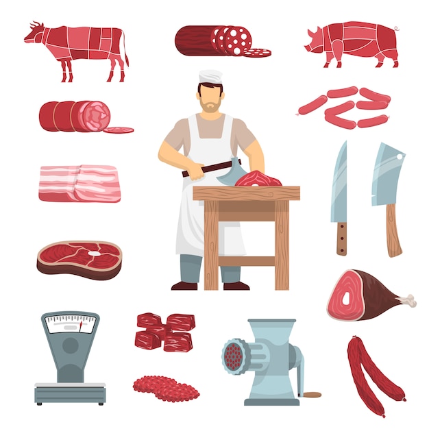 Free vector meat butcher set