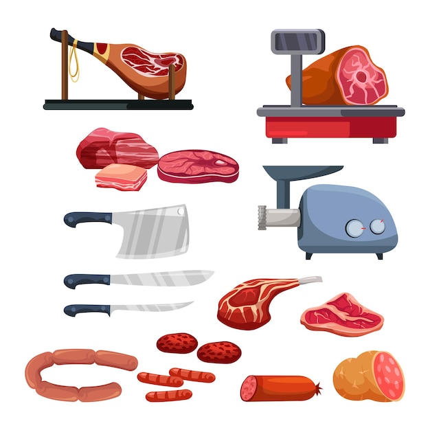 Assortimento di tagli di carne e set di coltelli in acciaio isolato su bianco tritacarne di cartone animato crudo e cotto e squame di carne di maiale agnello