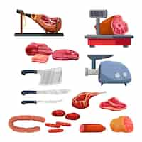 Vettore gratuito assortimento di tagli di carne e set di coltelli in acciaio isolato su bianco tritacarne di cartone animato crudo e cotto e squame di carne di maiale agnello