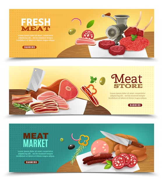 Meat market horizontal banners set