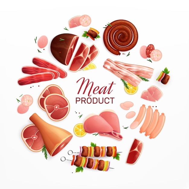 Prodotti a base di carne promozione pubblicitaria composizione circolare piatta con prosciutto bistecca salsicce pancetta polpettone stinco di manzo illustrazione