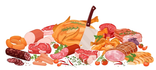 Бесплатное векторное изображение Плоская композиция мясных продуктов с набором различных пищевых продуктов, приготовленных из мяса и зелени, векторная иллюстрация специй