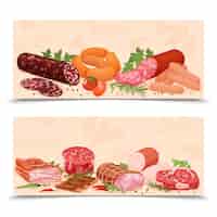 Бесплатное векторное изображение Плоский набор мясных продуктов из двух горизонтальных баннеров с зеленью, специями и сосисками с векторной иллюстрацией ветчины и бекона