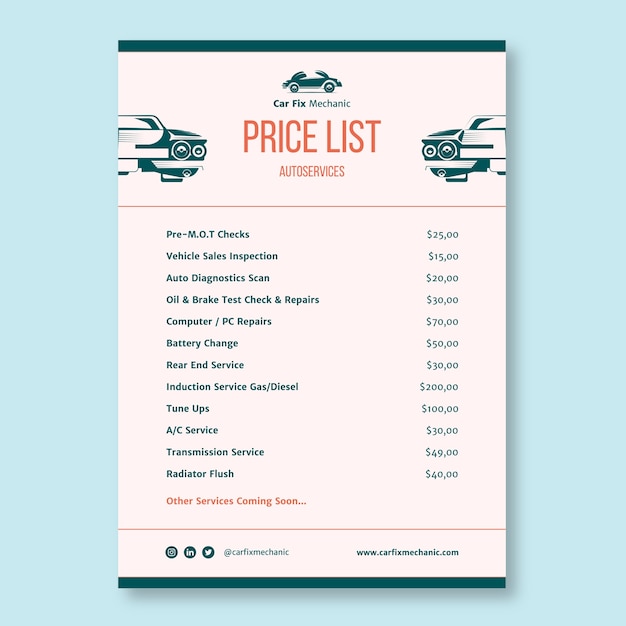 Mechanic price list template design