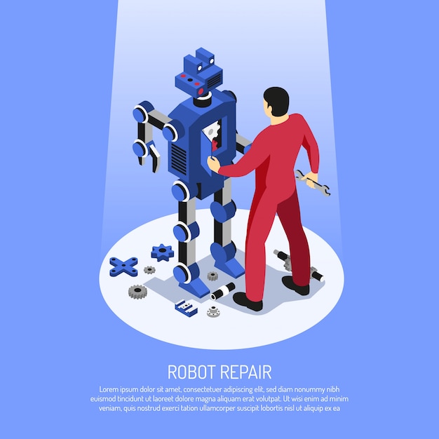 파란색 아이소 메트릭 로봇 수리 중 전문 도구와 빨간색 유니폼 정비공