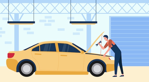 ツール分離フラットベクトルイラストでガレージで車を修理するメカニック。車両のエンジンを修理またはチェックする漫画の男。自動サービスとメンテナンスの概念