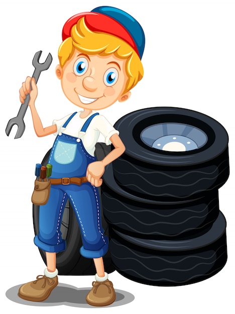 Free vector mechanic with tools and tyres
