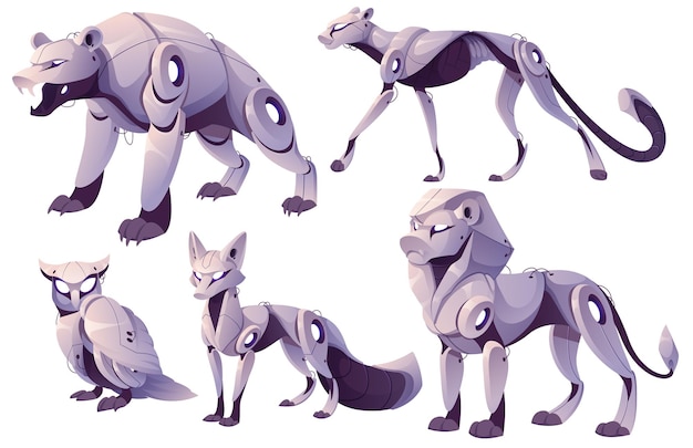 Mechanical animals, bear, fox, owl, lion robots