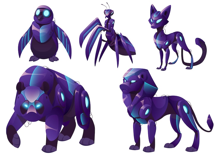 Free Vector mechanical animals panda lion penguin robots