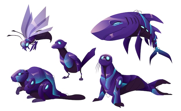 Mechanical animals shark seal wasp bird and beaver robots Vector cartoon set of futuristic pets cyborgs purple mechanic insect fish sea animals isolated on white background