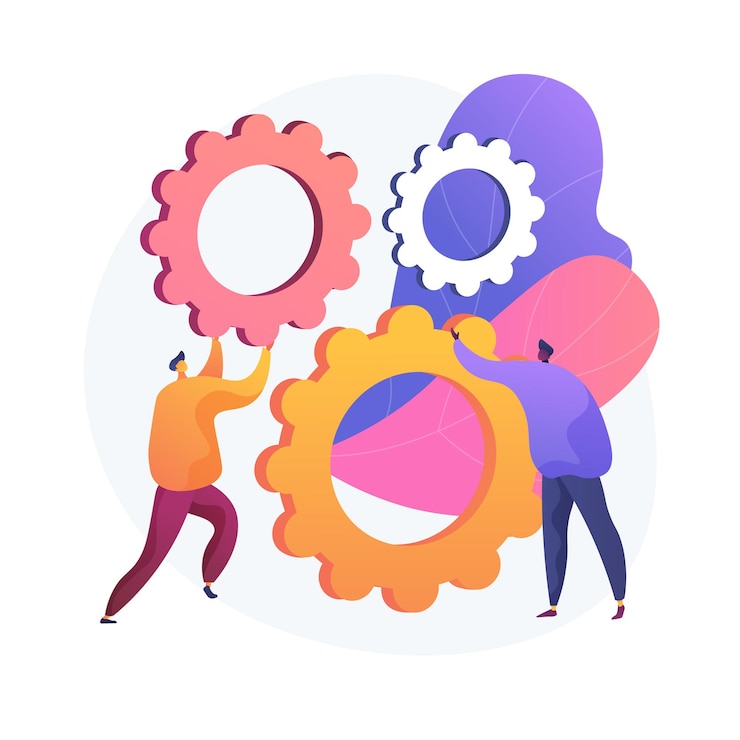 Free Vector mechanism of teamwork. cartoon characters spinning gears together. coworking, collaboration, partnership. team building and cooperation technology.