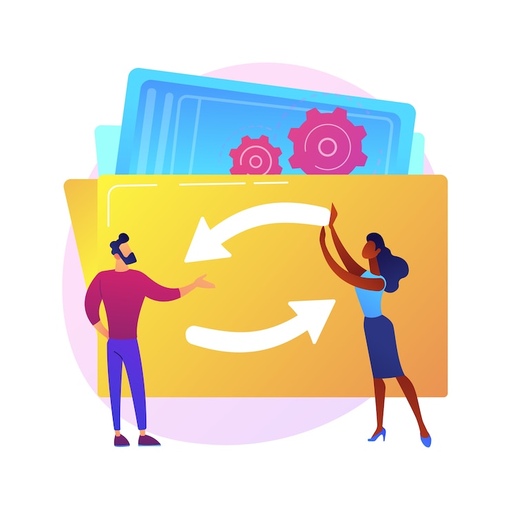 Free Vector mechanism of teamwork. cartoon characters spinning gears together. coworking, collaboration, partnership. team building and cooperation technology.  
