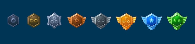 게임 ui 레벨 랭크 디자인에 대한 별과 날개가 있는 메달과 배지 다양한 다채로운 육각형 gui 상표와 업적에 대한 트로피 만화  ⁇ 터 일러스트레이션 세트 중세 보상  ⁇ 블럼