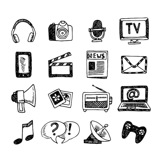 Media and news icons sketch set 