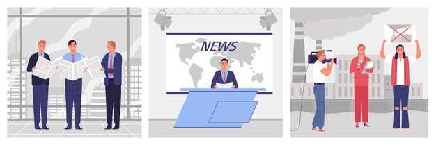 Media workers read newspapers and broadcast reports from the television studio flat illustration