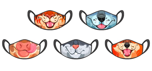 Free vector medic masks with animal muzzles, cute cartoon pets