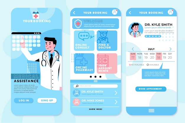 Free vector medical appointment booking app screens