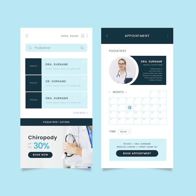Free vector medical booking app with photo