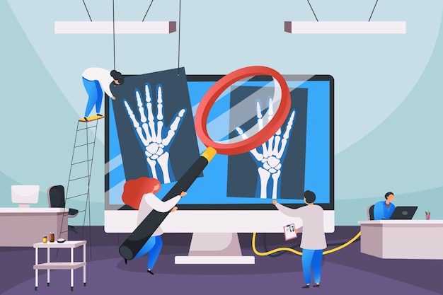 Free vector medical center flat composition with desktop computer among doctors workplaces and shadow photographs of human bones