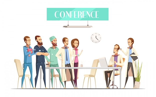 Free vector medical conference with audience near table and lecturer with computer and assistant cartoon retro style