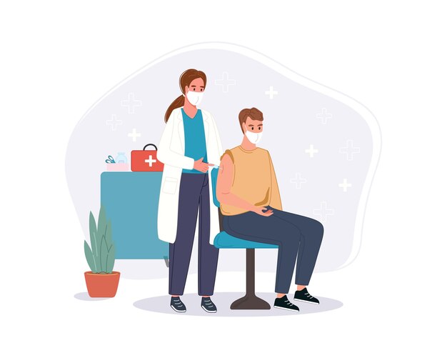 Medical doctor in clinic giving senior man injection coronavirus vaccine. Immunity health vaccination concept in hospital. Covid vaccine shot for patient. 