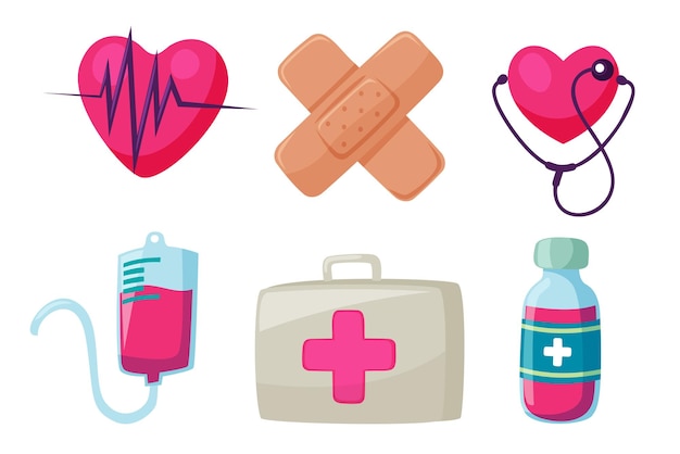 Free vector medical emergency first aid care icons set with heart pill thermometer vector illustration