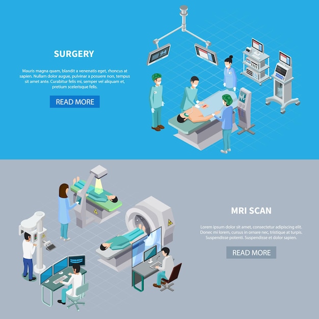 Free vector medical equipment isometric set of two horizontal banners with read more button editable text and images