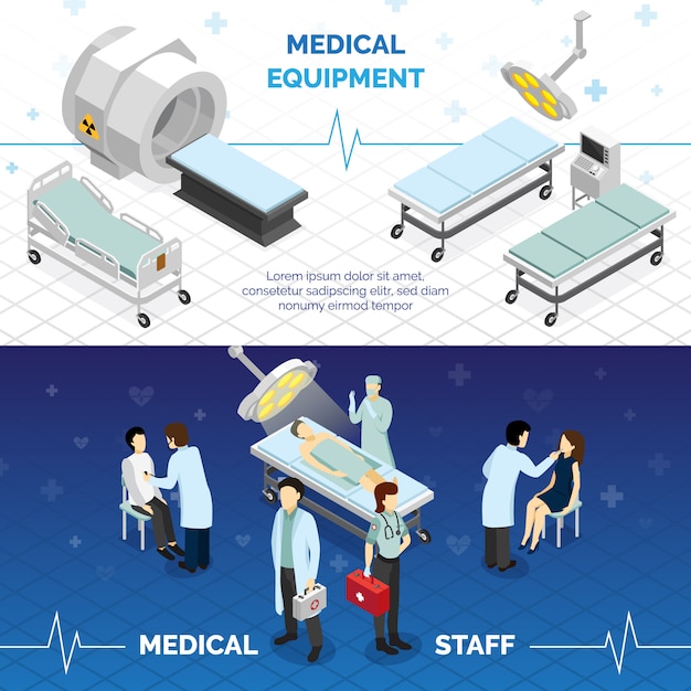 Free vector medical equipment and medical staff horizontal banners