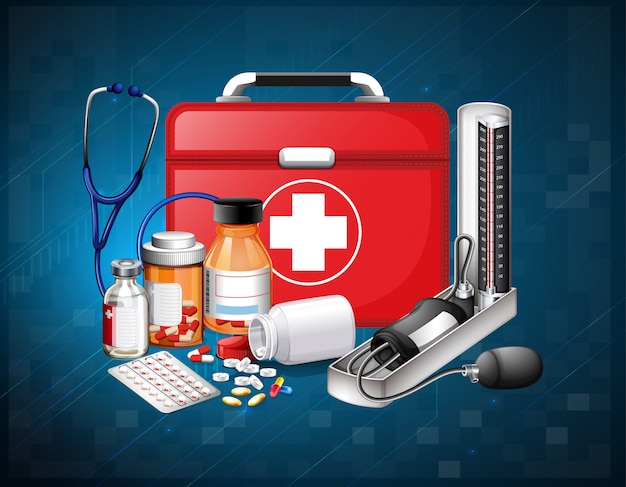 Medical equipments and medicine on blue background