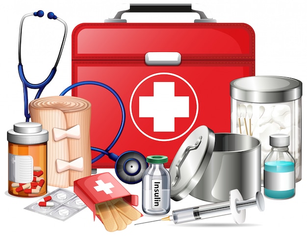 Medical equipments and pills on white background
