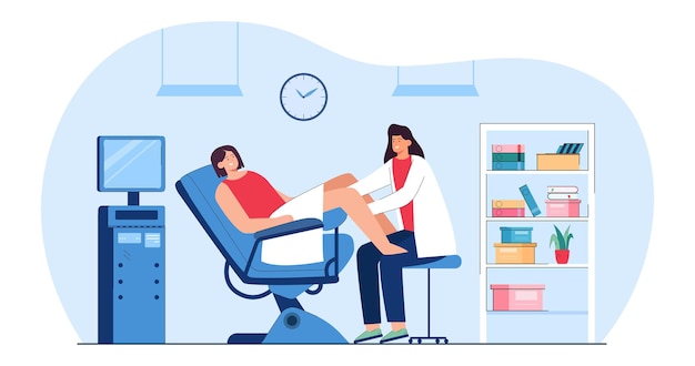 Free vector medical examination of female patient by doctor gynecologist. screening womans reproductive health in hospital gynecological chair flat vector illustration. gynecology, medicine, diagnosis concept