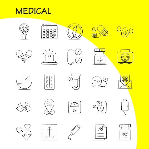 무료 벡터 infographics 모바일 uxui 키트 및 인쇄 디자인에 대한 의료 손으로 그린 아이콘 설정 의료 의학 병원 의료 튜브 랩 플러스 eps 10 벡터 포함