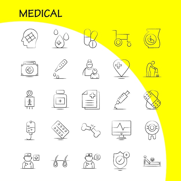 Vettore gratuito set di icone disegnate a mano mediche per infografica