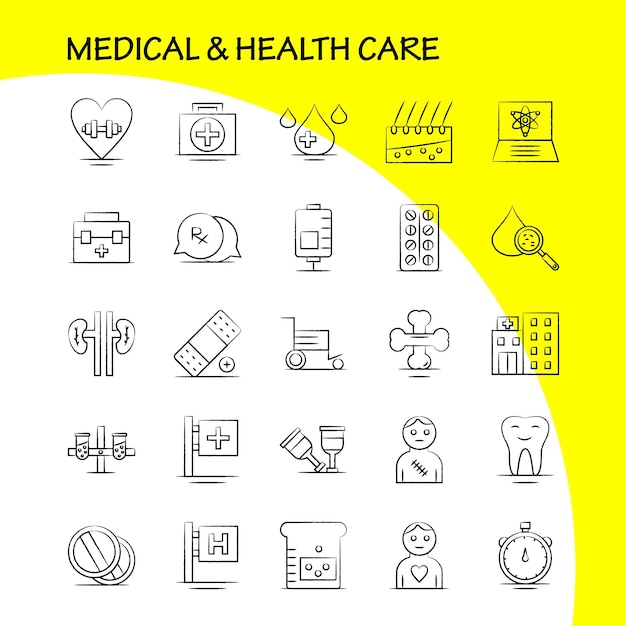 medical and health care hand drawn icon for web print and mobile uxui kit such as medical chat mail hospital wheelchair medical hospital patient pictogram pack vector