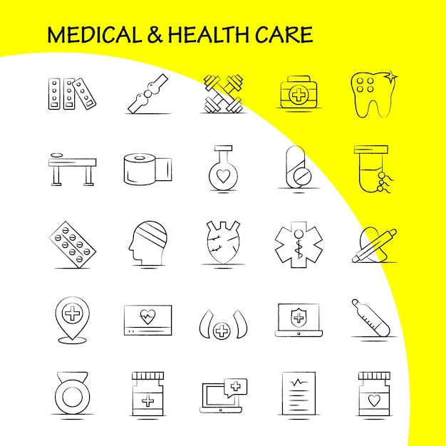 Free vector medical and health care hand drawn icon for web print and mobile uxui kit such as medical medicine tablet hospital measure medical medical devices pictogram pack vector