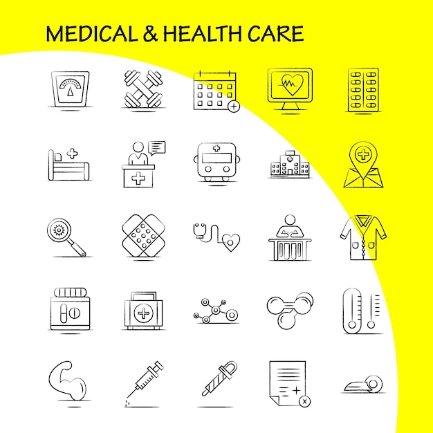 Free vector medical and health care hand drawn icon for web print and mobile uxui kit such as medical monitor heart beat medical medicine pills tablet pictogram pack vector