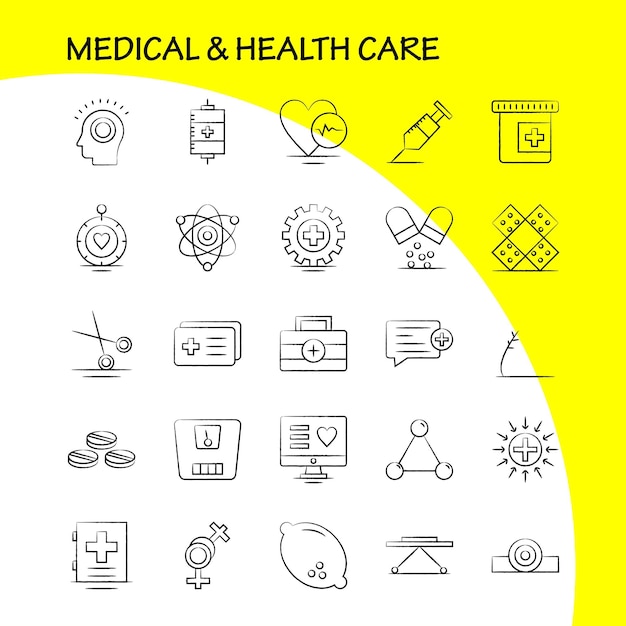 Медицинская и медицинская помощь, нарисованная вручную, для веб-печати и мобильного комплекта UXUI, такого как медицинский инструмент, инструменты для ножниц, ножничный проектор, набор пиктограмм здоровья, вектор