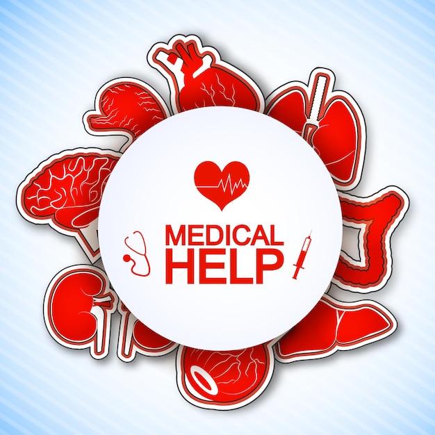 Vettore gratuito poster di aiuto medico con molte immagini di organi umani compreso il cuore