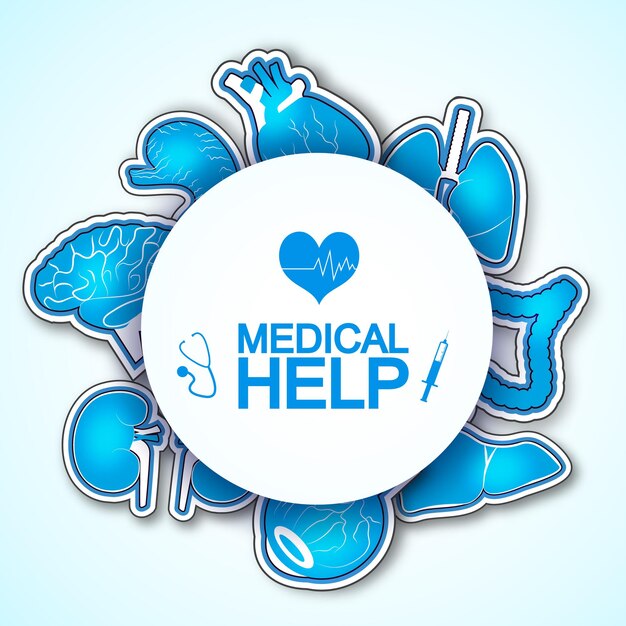 Medical help poster with many images of human organs including heart